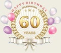 Celebrating 60 years anniversary, happy birthday card, gold design, festive decoration. Vector illustration Royalty Free Stock Photo